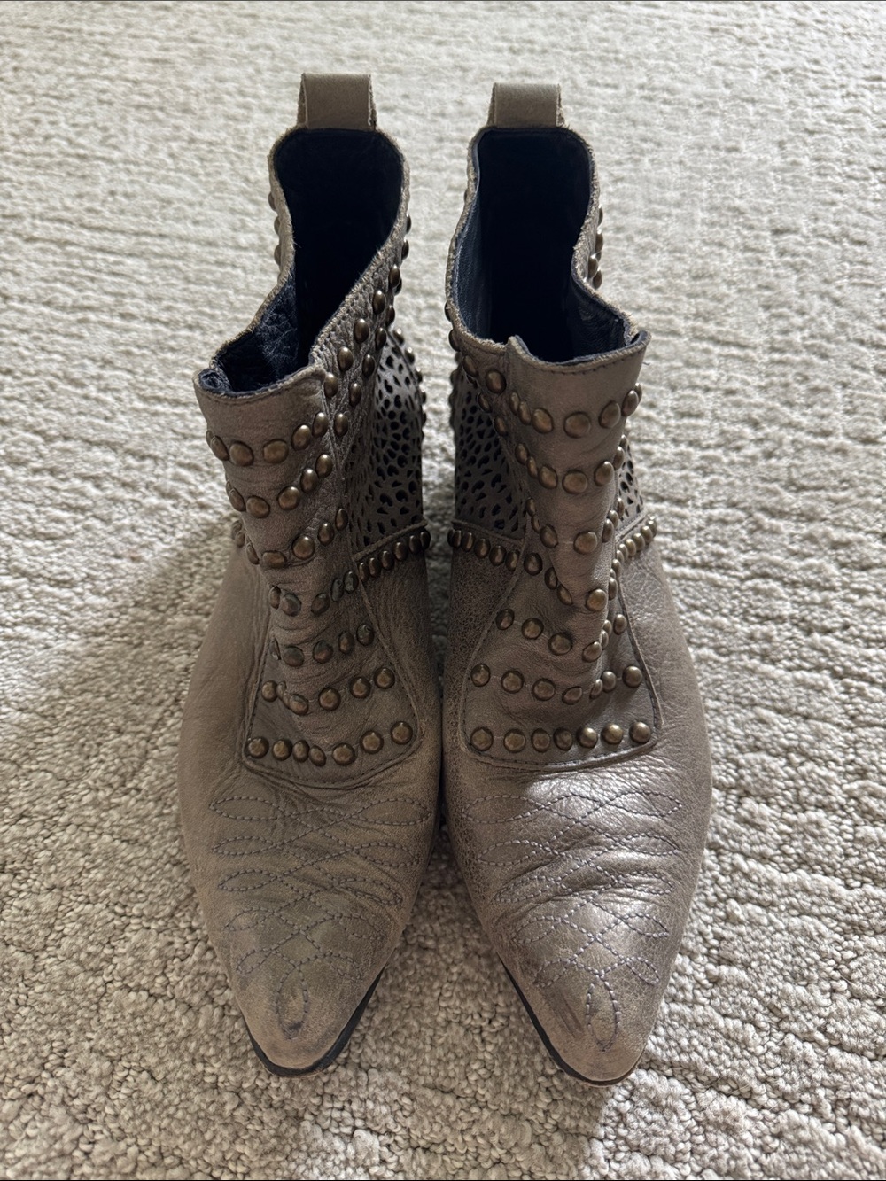 Anine Bing Taupe Studded Laser Cut Western Ankle Boots Size 39